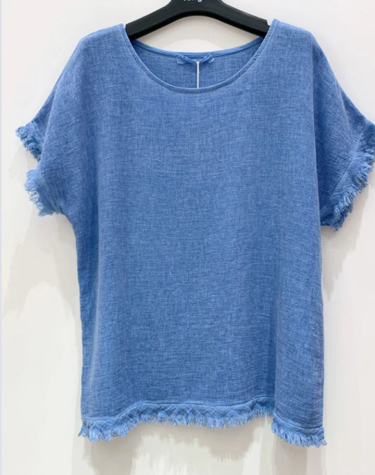 LINEN/COTTON RAW EDGE TEE - 10-16 - BLUE