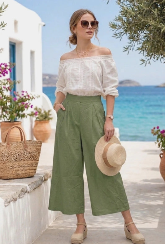 COTTON WIDE LEG PANTS - 10-16 - KHAKI