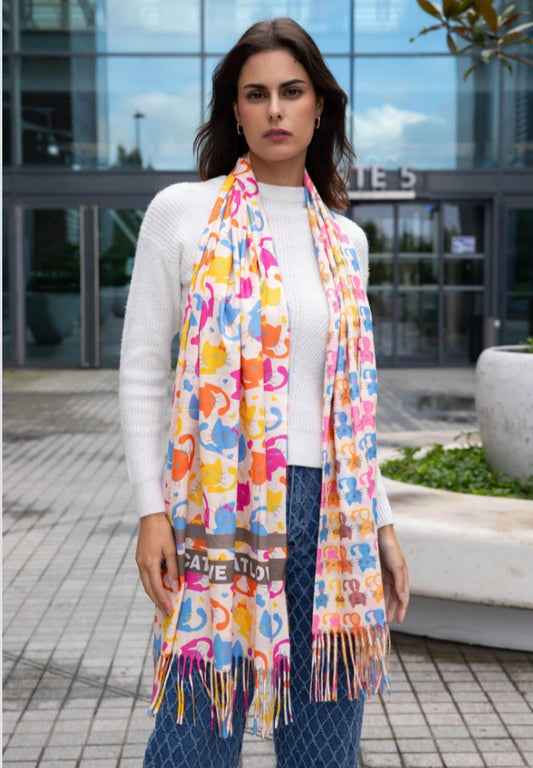 FRINGED CAT PRINT SCARF