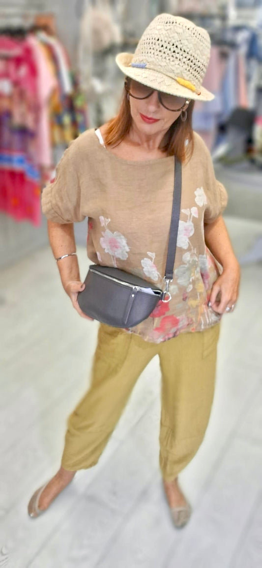 LINEN FLORAL TOP - 10-16 - TAUPE