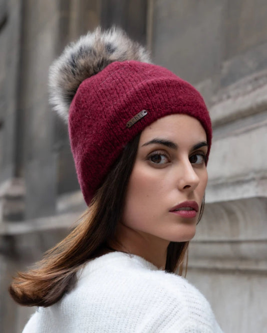 FLEECE LINED POM HAT - BURGUNDY