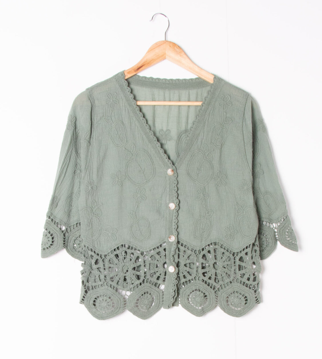 COTTON LACE DETAIL TOP - 8-14 - KHAKI