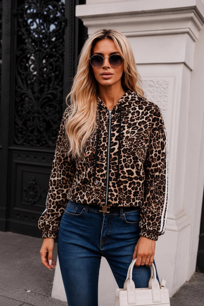 LEOPARD STRIPE HOODED JACKET - 10-16 - CAMEL