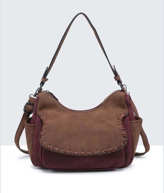 NUBUCK EFFECT SHOULDER/CROSSBODY BAG - BURGUNDY