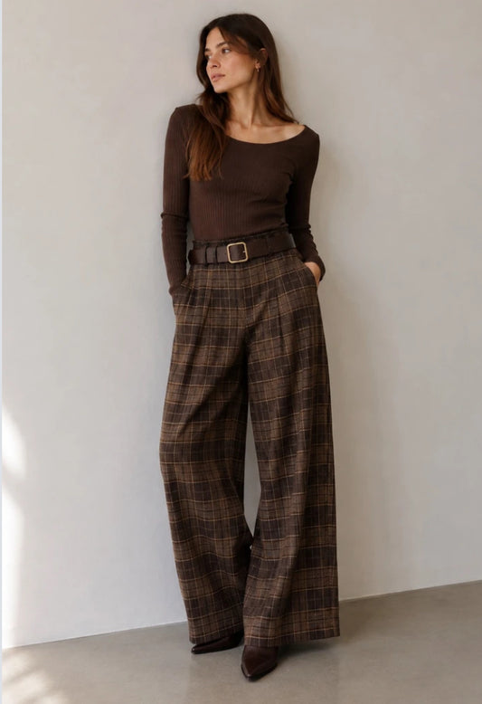 BELTED CHECK PALAZZO - 10-16 - CHOCOLATE