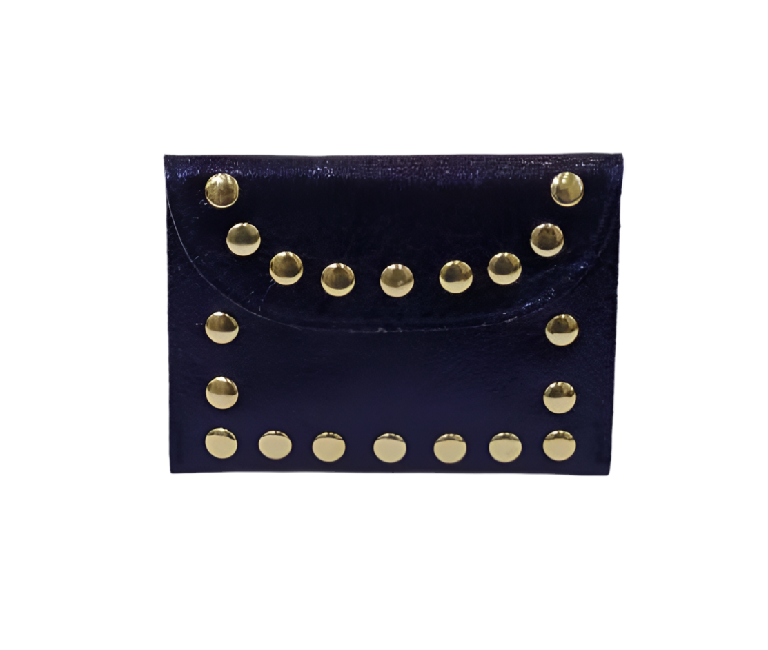 ITALIAN LEATHER STUDDED CARD WALLET - NAVY