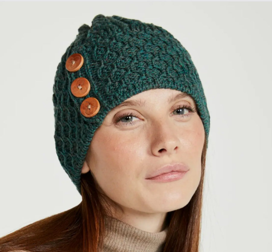 MERINO WOOL BUTTON POM HAT - FOREST GREEN - MADE IN IRELAND