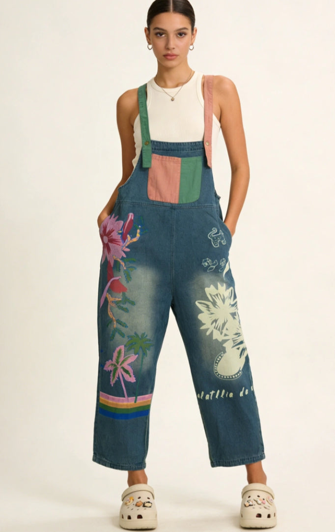 PRINT DENIM DUNGAREES - 10-16