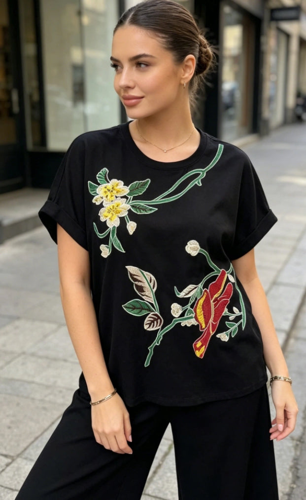 COTTON FLORAL EMBROIDERED TEE - 10-16