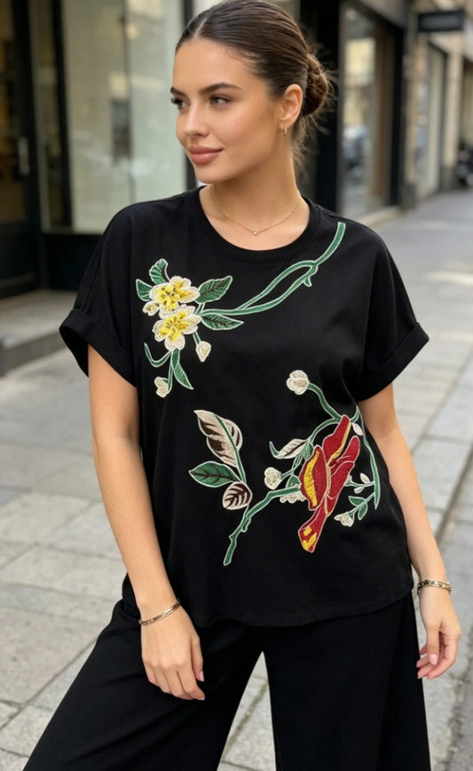 COTTON FLORAL EMBROIDERED TEE - 10-16