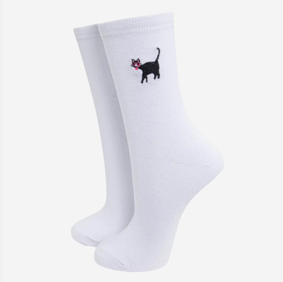 EMBROIDERED CAT BAMBOO SOCKS - WHITE
