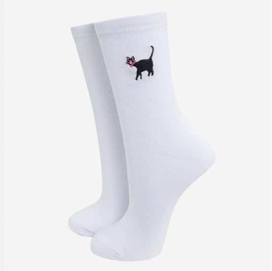 EMBROIDERED CAT BAMBOO SOCKS - WHITE