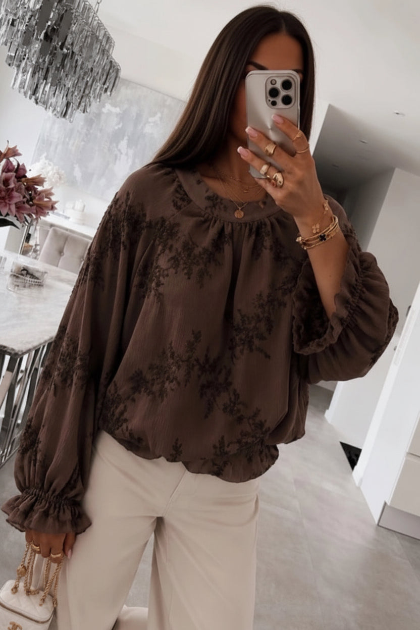 FLORAL EMBROIDERY BLOUSE - 8-12 - CHOCOLATE