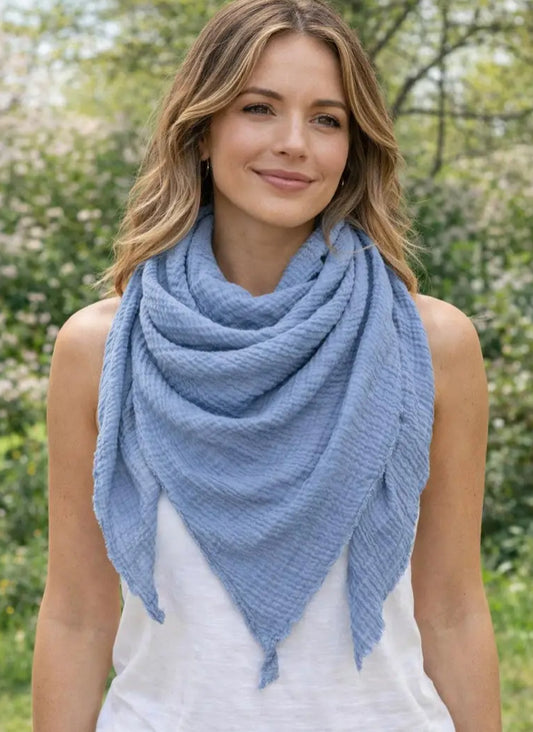 COTTON CHEESECLOTH TRIANGLE SCARF - BLUE