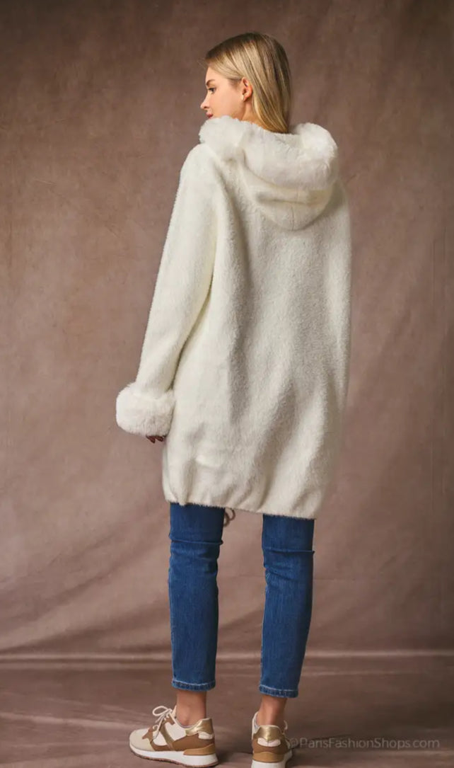 FUR HOODED COAT - 10-16 - CREAM