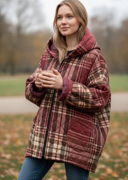 CHECK DOWN FILLED COAT - 12-18 -BURGUNDY