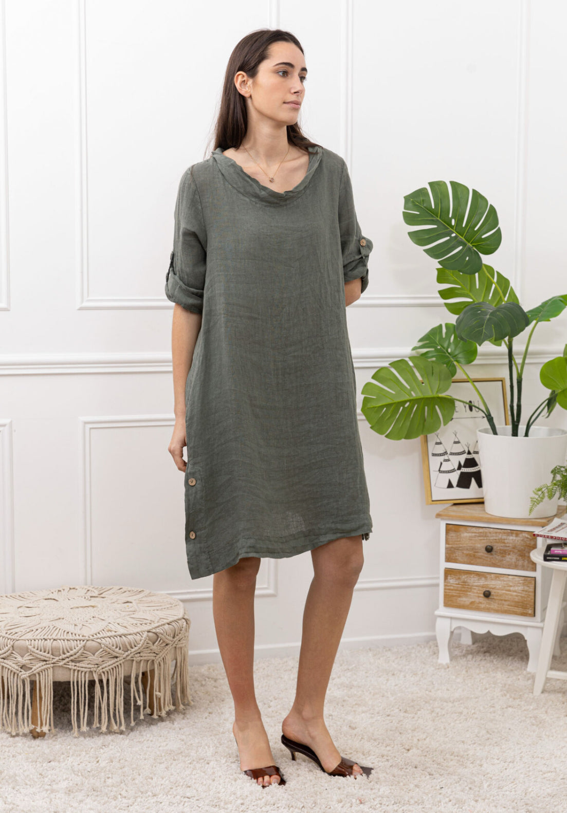 COWL BUTTON DETAIL LINEN DRESS - 10-16 - KHAKI