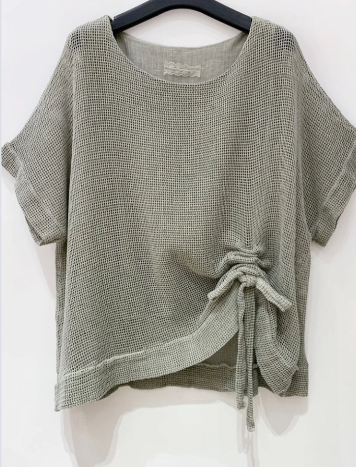 MESH RUCHED COTTON TOP - 10-16 - KHAKI