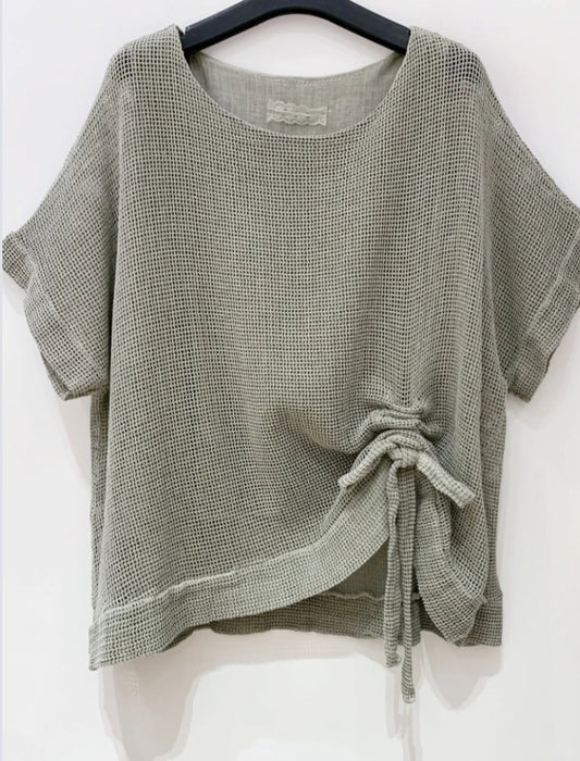 MESH RUCHED COTTON TOP - 10-16 - KHAKI