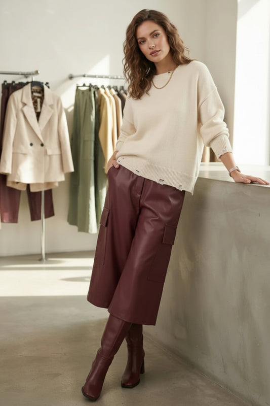 LEATHERETTE CROPPED CARGO PANTS - 10-16 - BURGUNDY