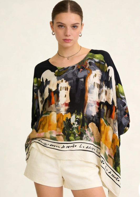 SILK BLEND PRINT TUNIC - 10-16 - BLACK
