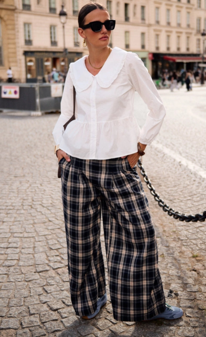 PLEAT CHECK PANTS - 12-14- NAVY