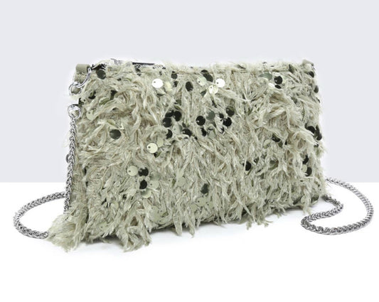 SEQUIN FEATHER OCCASION BAG - SAGE