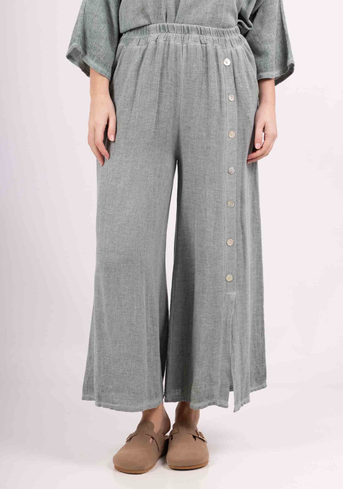 COTTON/LINEN BLEND BUTTON SEAM PANTS - KHAKI
