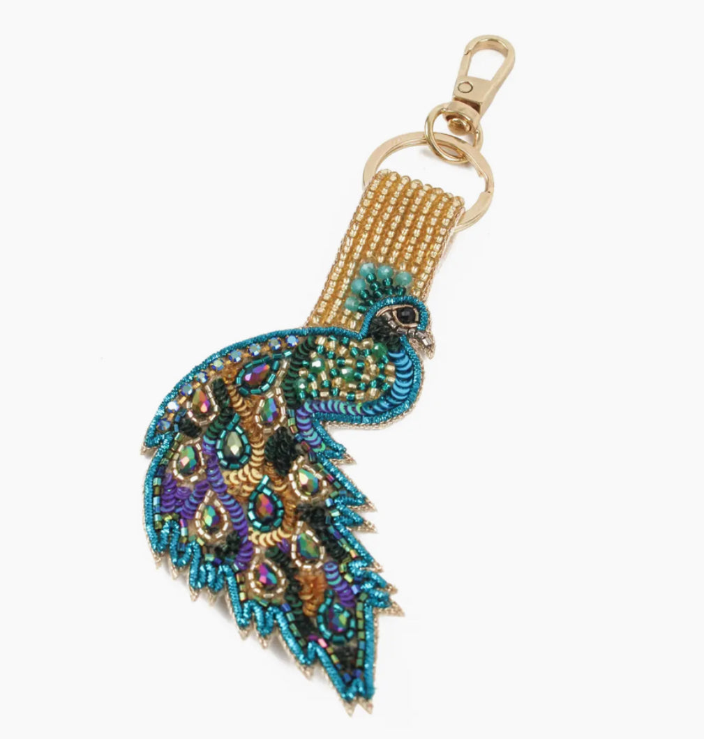 HANDMADE GLASS BEAD KEYRING - PEACOCK
