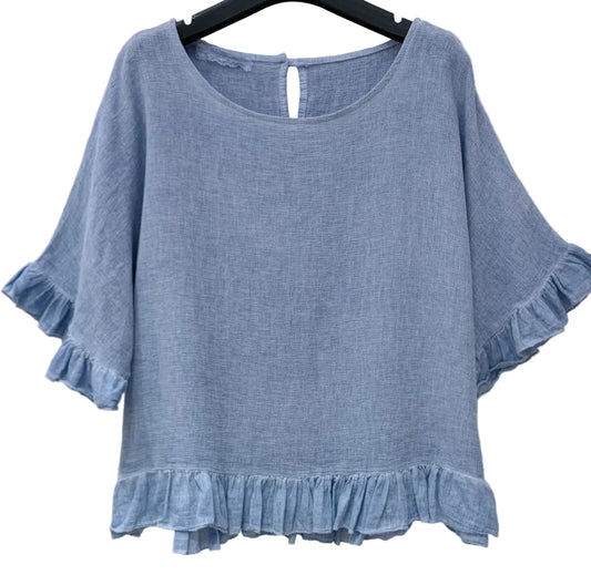 FRILL TRIM COTTON LINEN TOP - 10-16