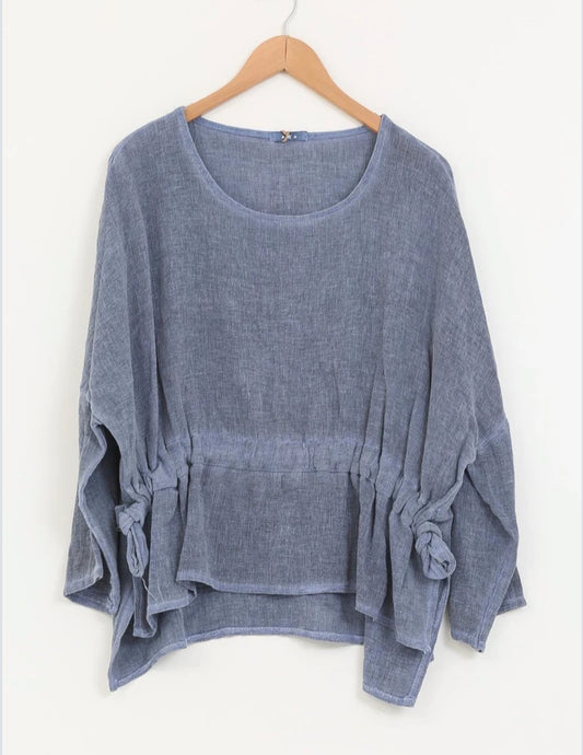 COTTON LINEN RUCHED TOP - 10-16 - BLUE