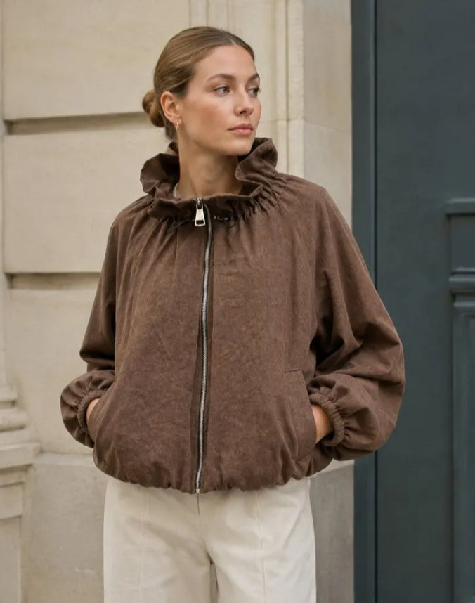 SUEDETTE DRAWSTRING COLLAR JACKET - 10-16 - CHOCOLATE