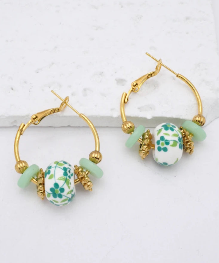 CERAMIC BEAD HOOP EARRINGS- GREEN