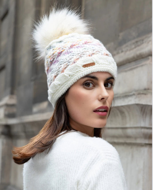 FLEECE LINED POM HAT - WHITE