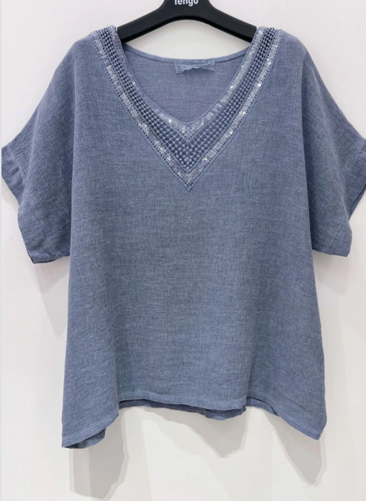 SEQUIN TRIM COTTON LINEN TOP - 10-16