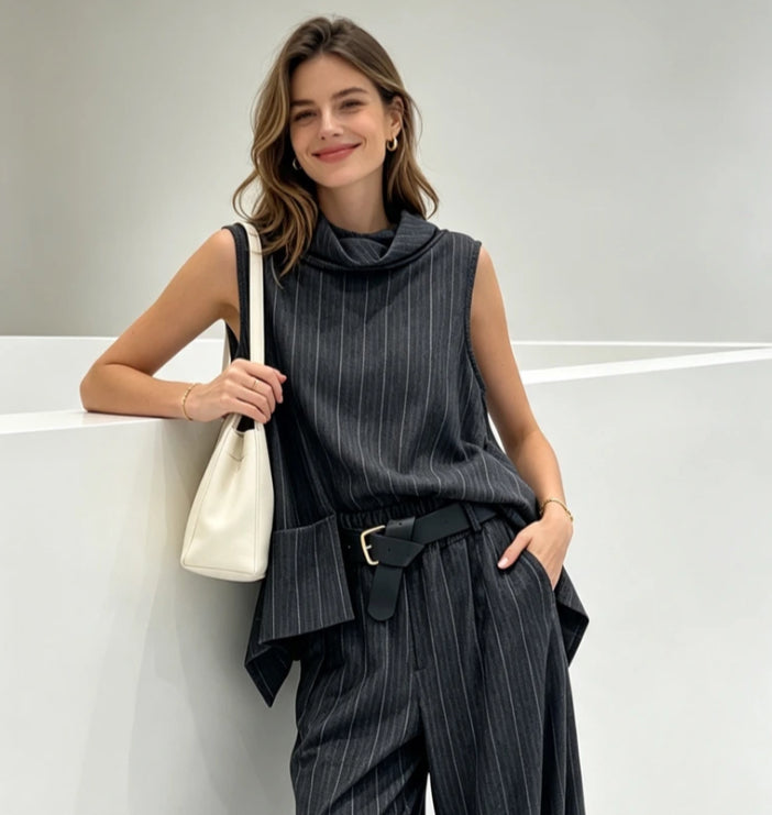 PINSTRIPE COWL NECK TOP - 10-14 - CHARCOAL