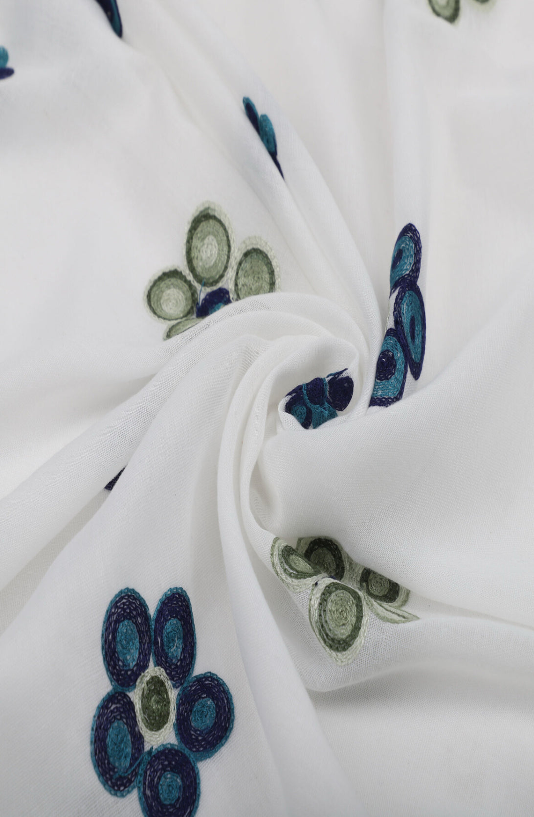 COTTON BLEND FLORAL EMBROIDERED SCARF WITH FRINGE - BLUE