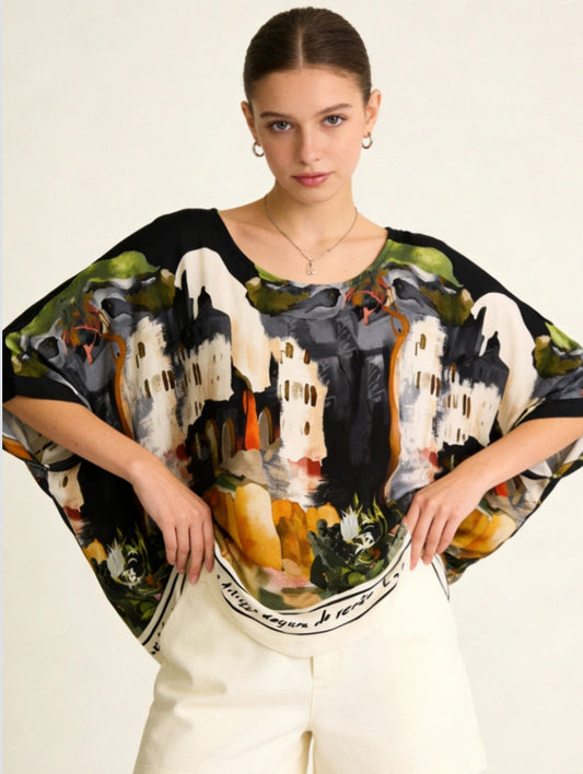 SILK BLEND PRINT TUNIC - 10-16 - BLACK