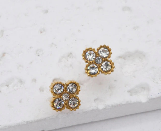 CRYSTAL FLOWER STUD EARRINGS - WHITE