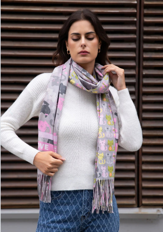 FRINGED CAT PRINT SCARF
