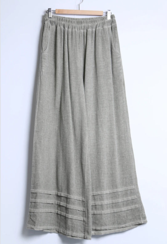 LINEN/COTTON PLEAT PALAZZO- 10-16 - KHAKI