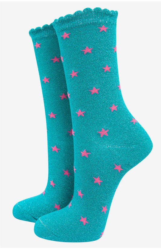 STAR BAMBOO SOCKS - TURQUOISE/FUSCHIA