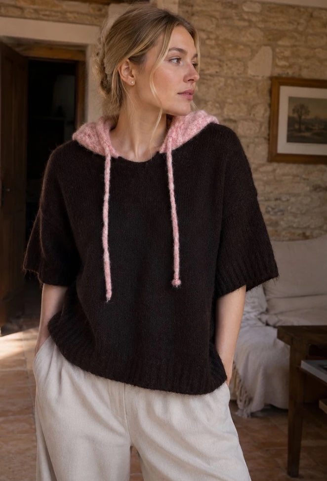 BI COLOUR HOODED KNIT - 10-16 - CHOCOLATE
