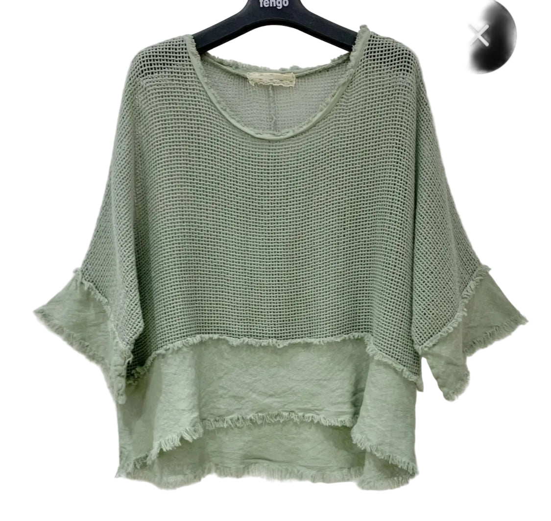 COTTON LINEN MESH TOP - 10-16