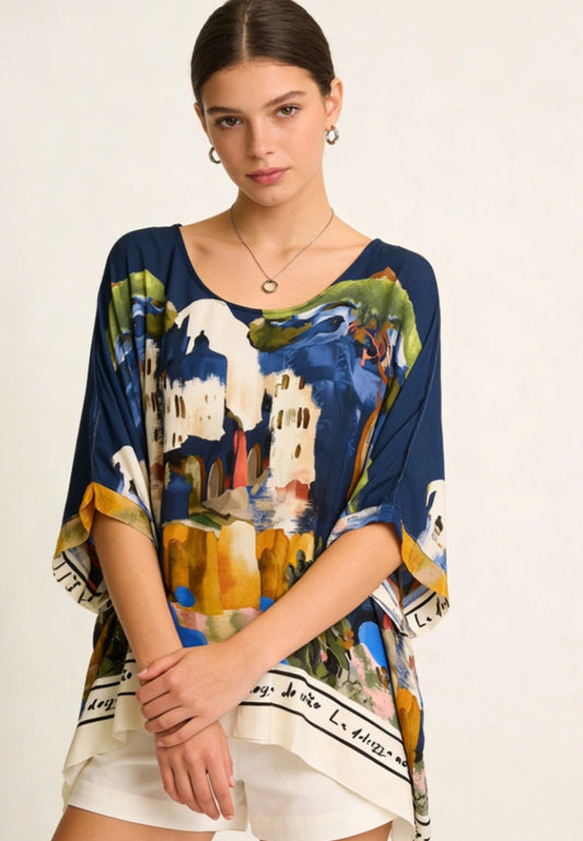 SILK BLEND PRINT TUNIC - 10-16 - NAVY