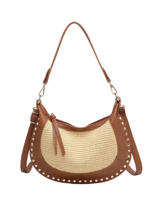 STUD WOVEN SHOULDER BAG - TAN