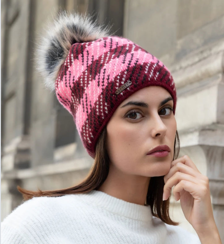FLEECE LINED POM HAT - BURGUNDY/PINK