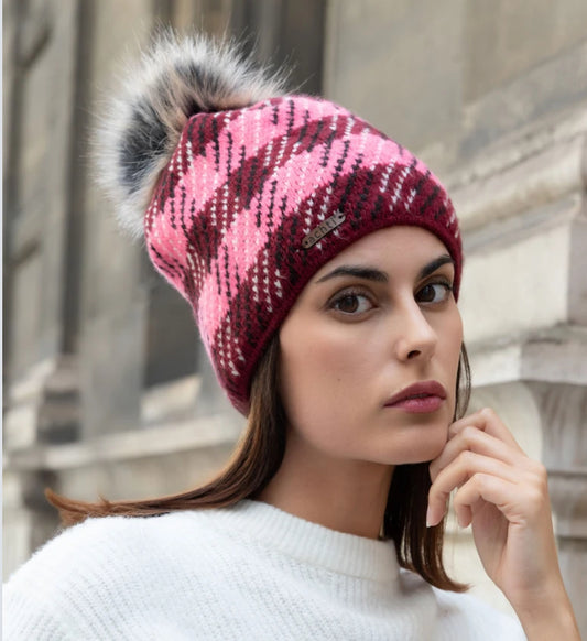 FLEECE LINED POM HAT - BURGUNDY/PINK