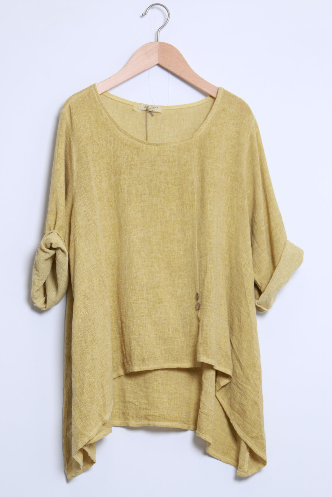COTTON/LINEN BLEND DIP HEM TOP - 10-16 - OCHRE