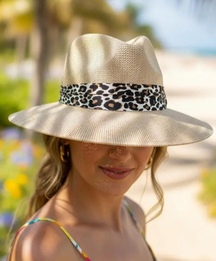 ANIMAL PRINT RIBBON HAT - BEIGE